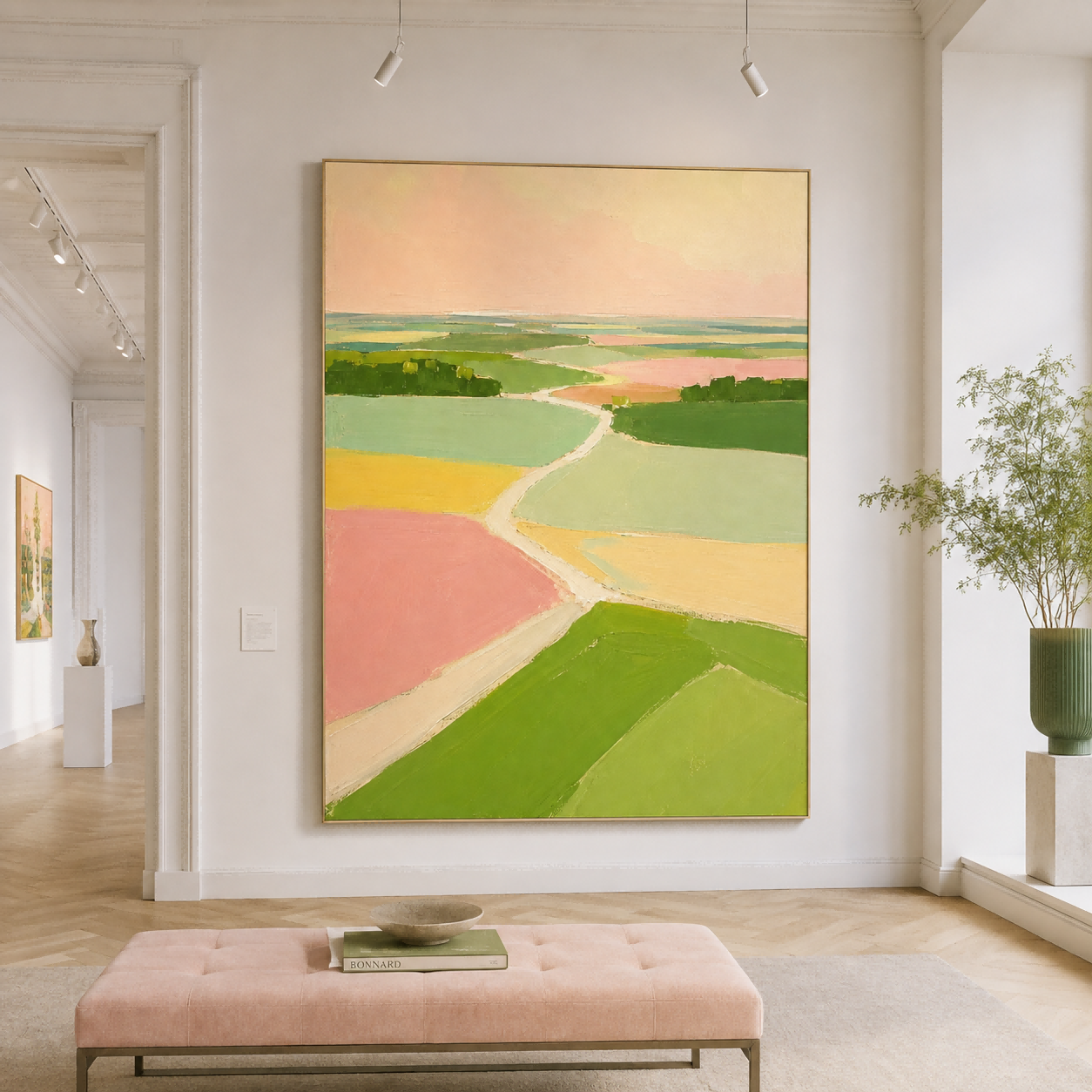 Minimalist Green And Pink Landscape Art For A Serene Bedroom Or Lounge