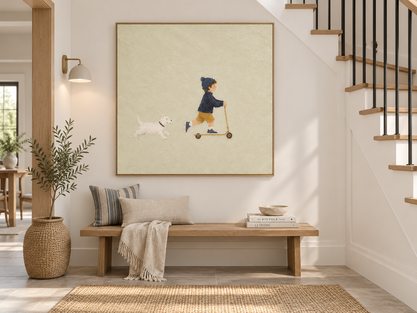 Modern Naive Art Canvas Painting Abstract Boy And Dog Story
