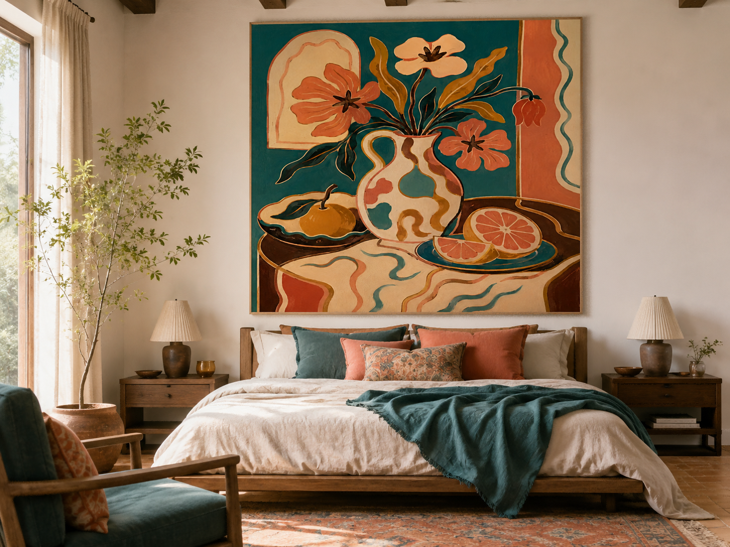Whimsical Art Deco Style Painting With Abstract Fruit And Flowers