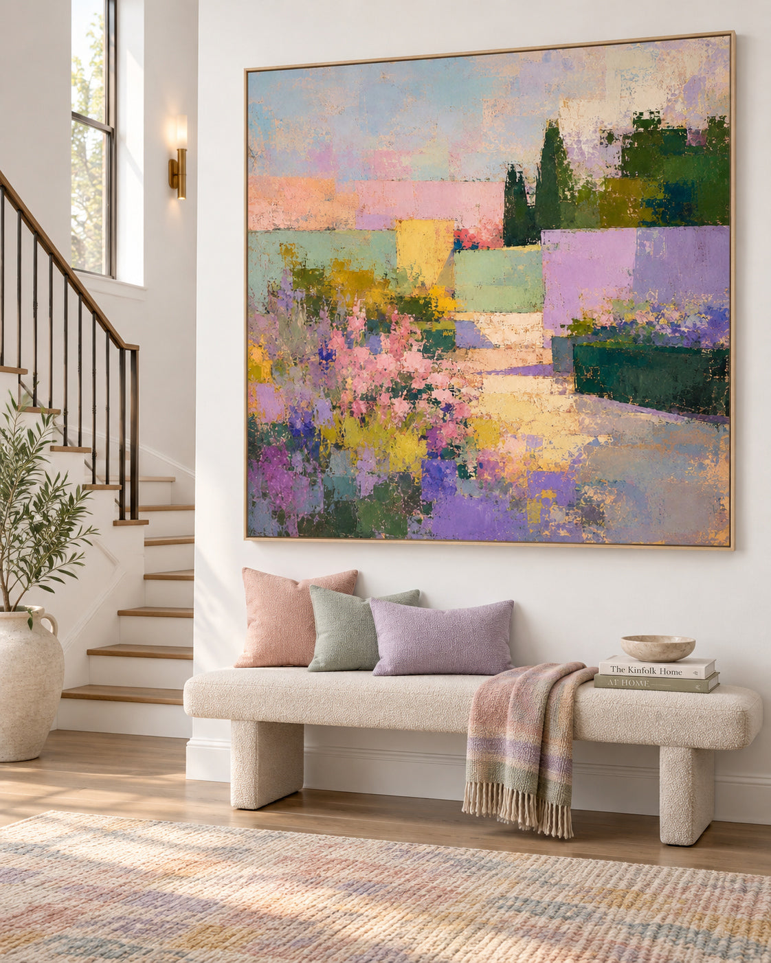 Abstract Floral Landscape Canvas Painting With Purple Pink Green Hues Hand-Painted Original Art