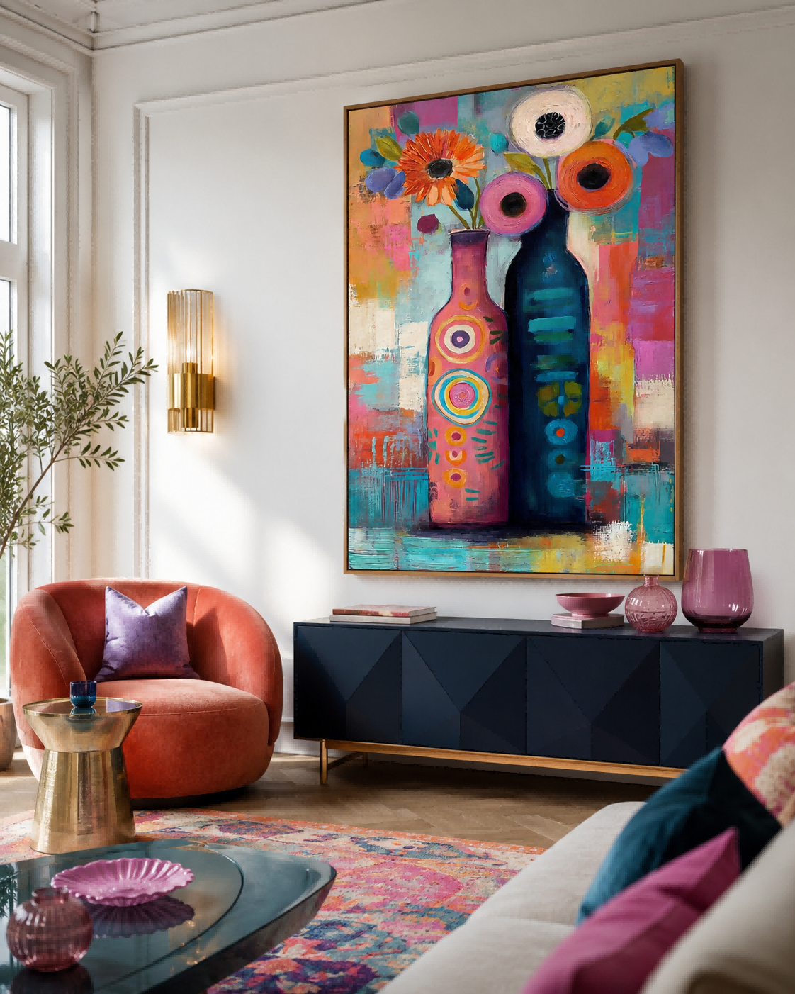Abstract Vase Flower Painting In Bright Colors Handmade Oil Art For Eclectic Interior Design And Hallway
