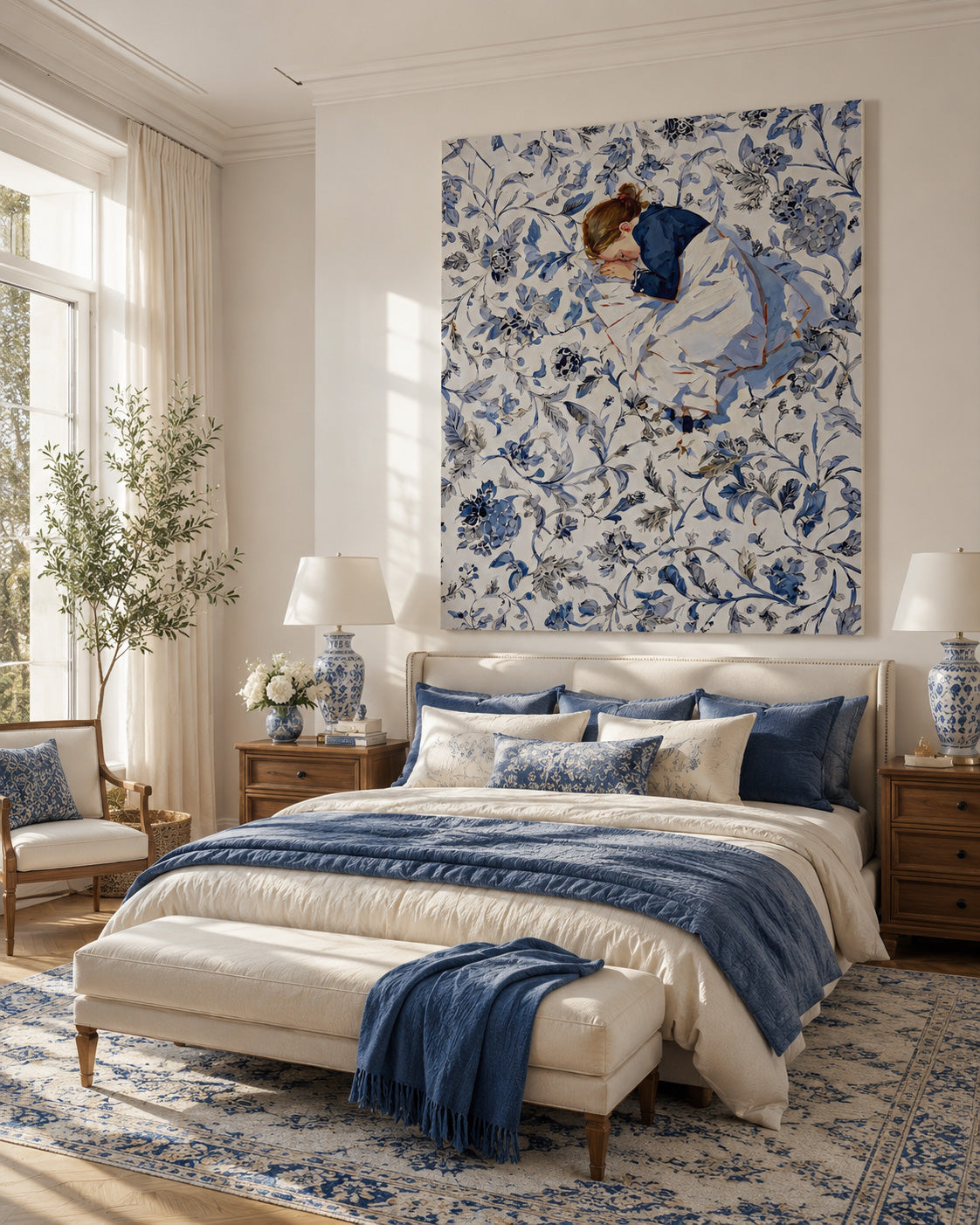 Vintage Illustrative Art With Delicate Texture And Blue White Tones