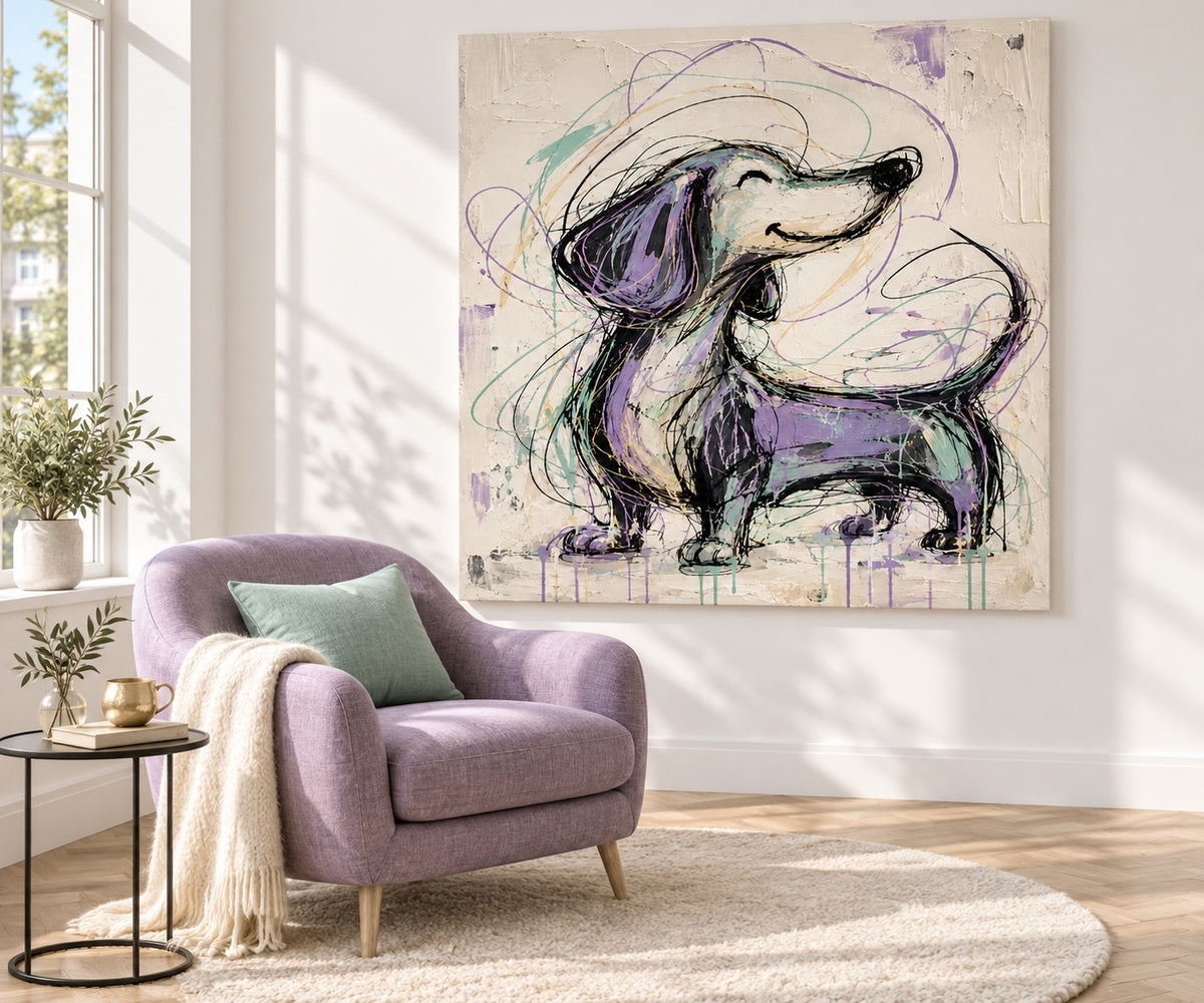 Hand-Painted Purple Dachshund Canvas Art With Graffiti Style