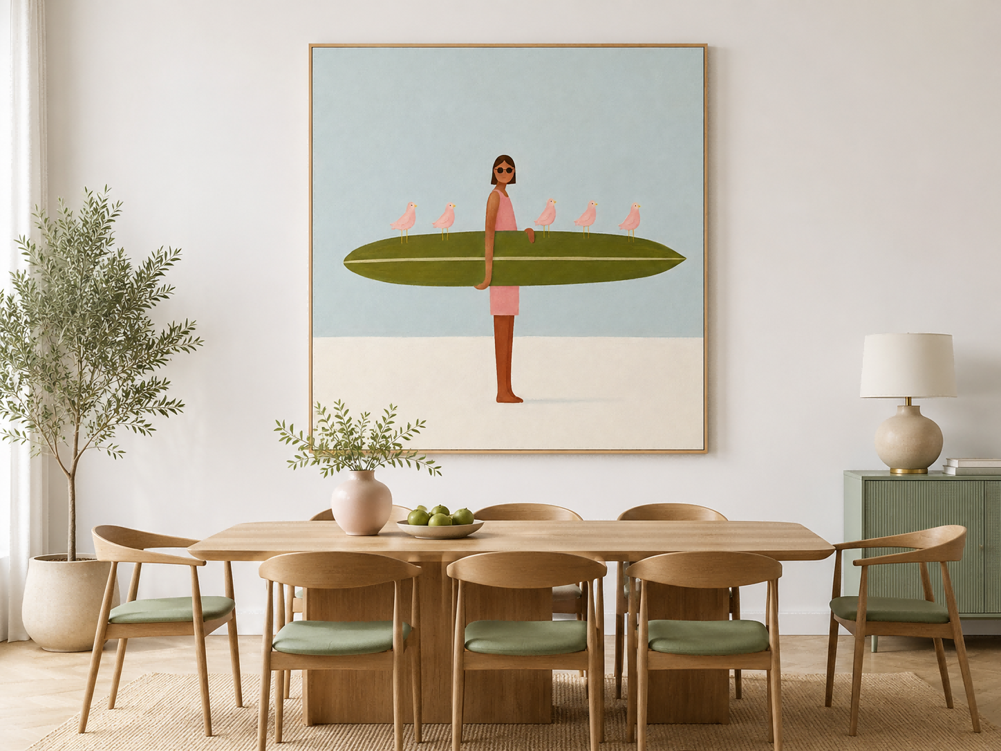 Hand-Painted Surfboard Girl With Birds Abstract Canvas Art In Green And Pink
