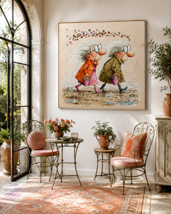 Cute Elderly Sisters Beach Art Square Canvas Painting For Living Room Decor