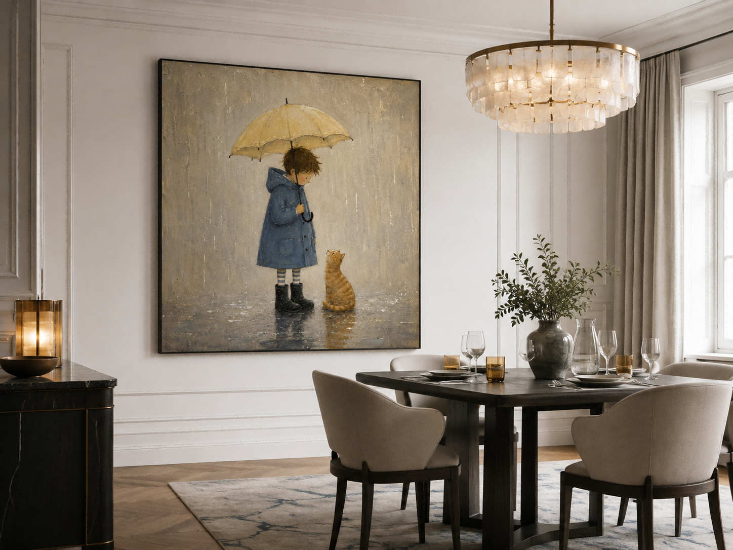 Vintage Boy And Cat Painting With Umbrella In Rain For Nursery Wall Art Decor