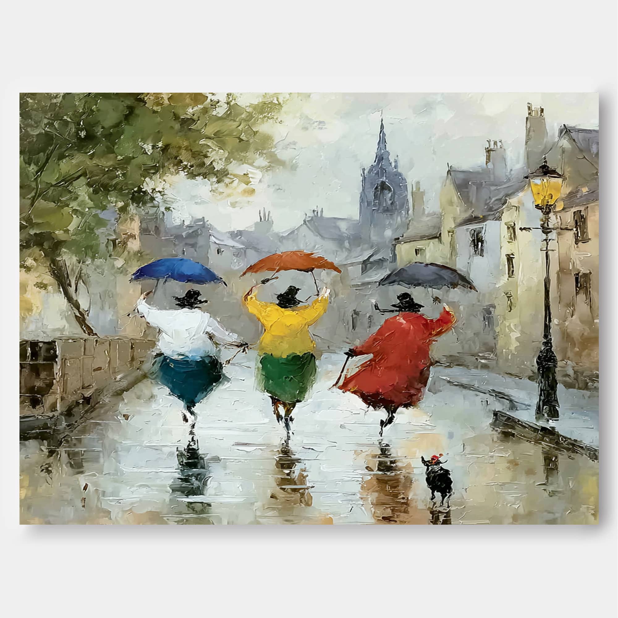 Vintage City Life Canvas Art Featuring Friends Running In Rain With Umbrellas And Lamp Post