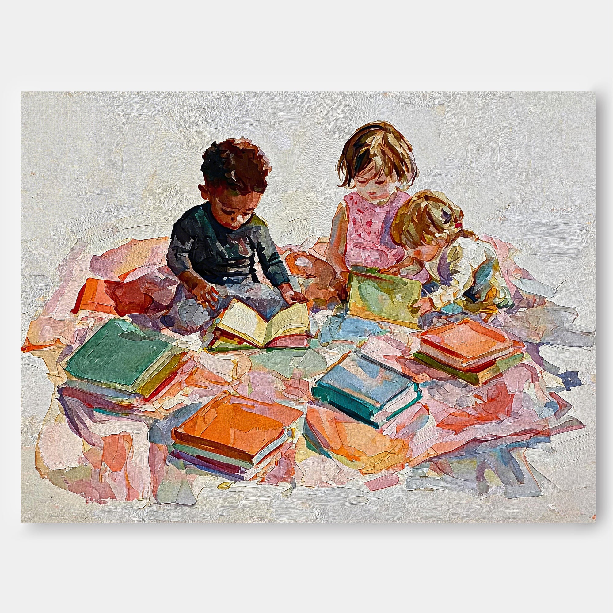 Modern Impressionist Oil Painting Of Kids Playing With Books