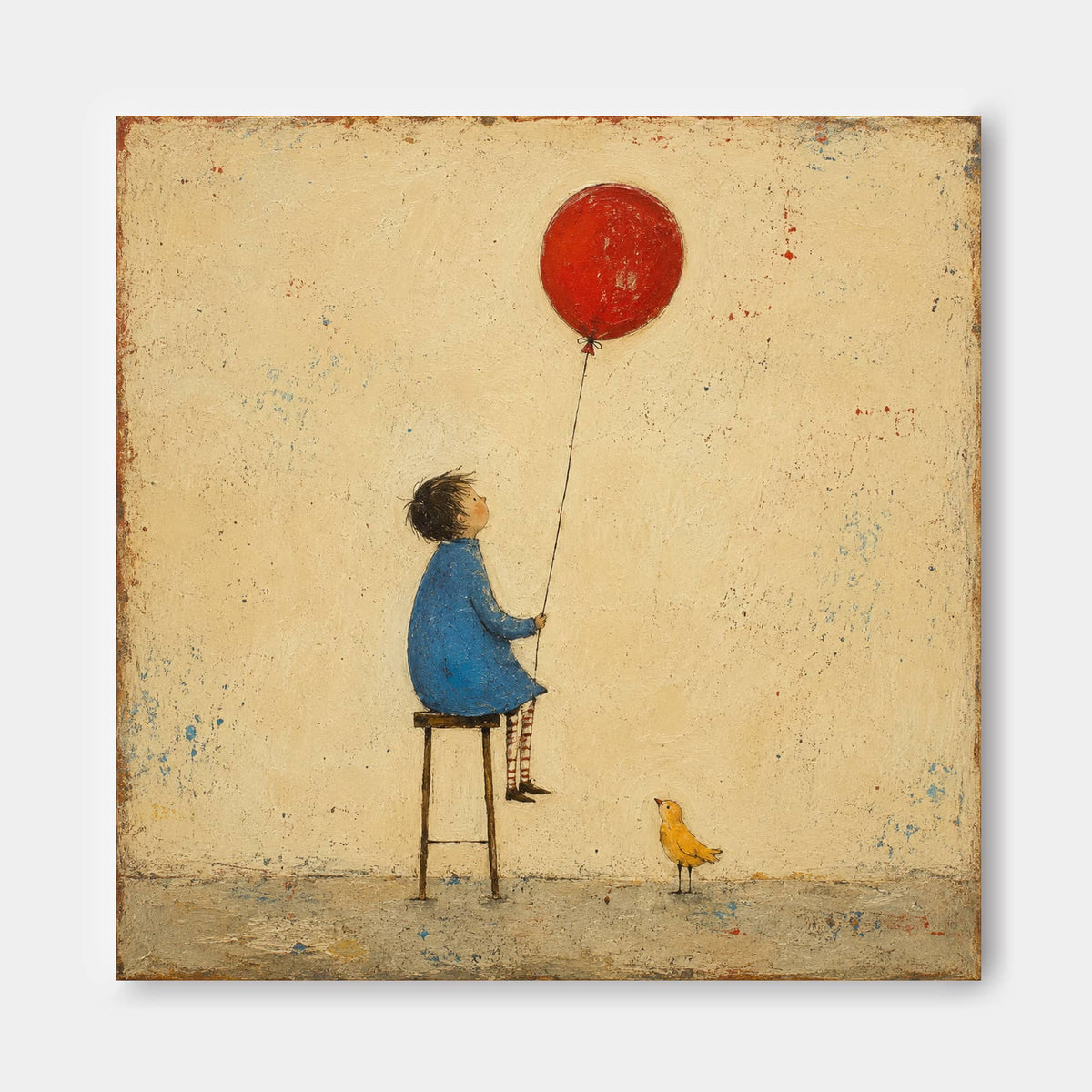 Retro Fairy Tale Illustration Original Canvas Painting Beige Blue Hand-Painted Child With Red Balloon And Bird Vintage Canvas Art