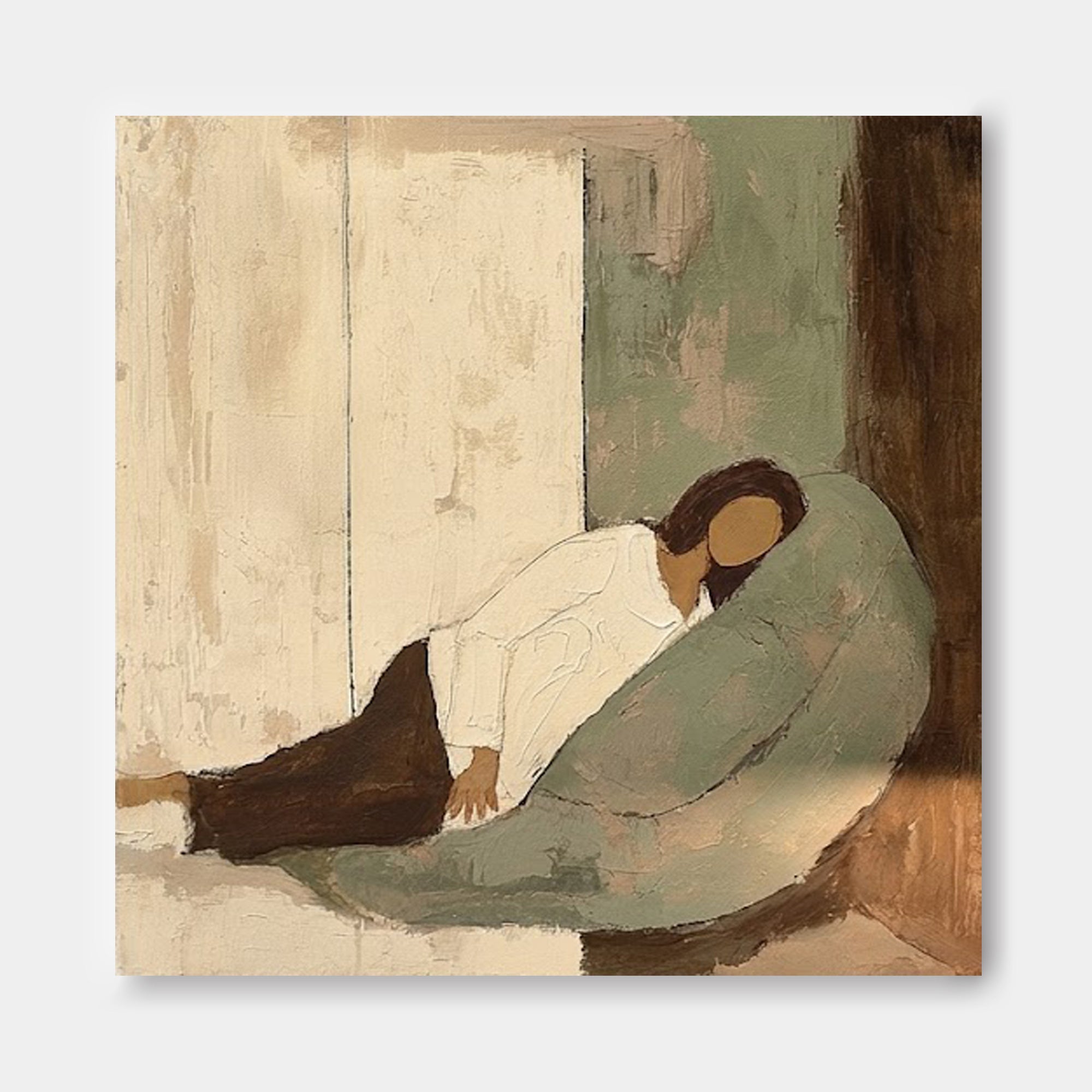 Vintage Minimalist Square Canvas Painting With Soft Beige And Green Tones For Modern Living Room Decor