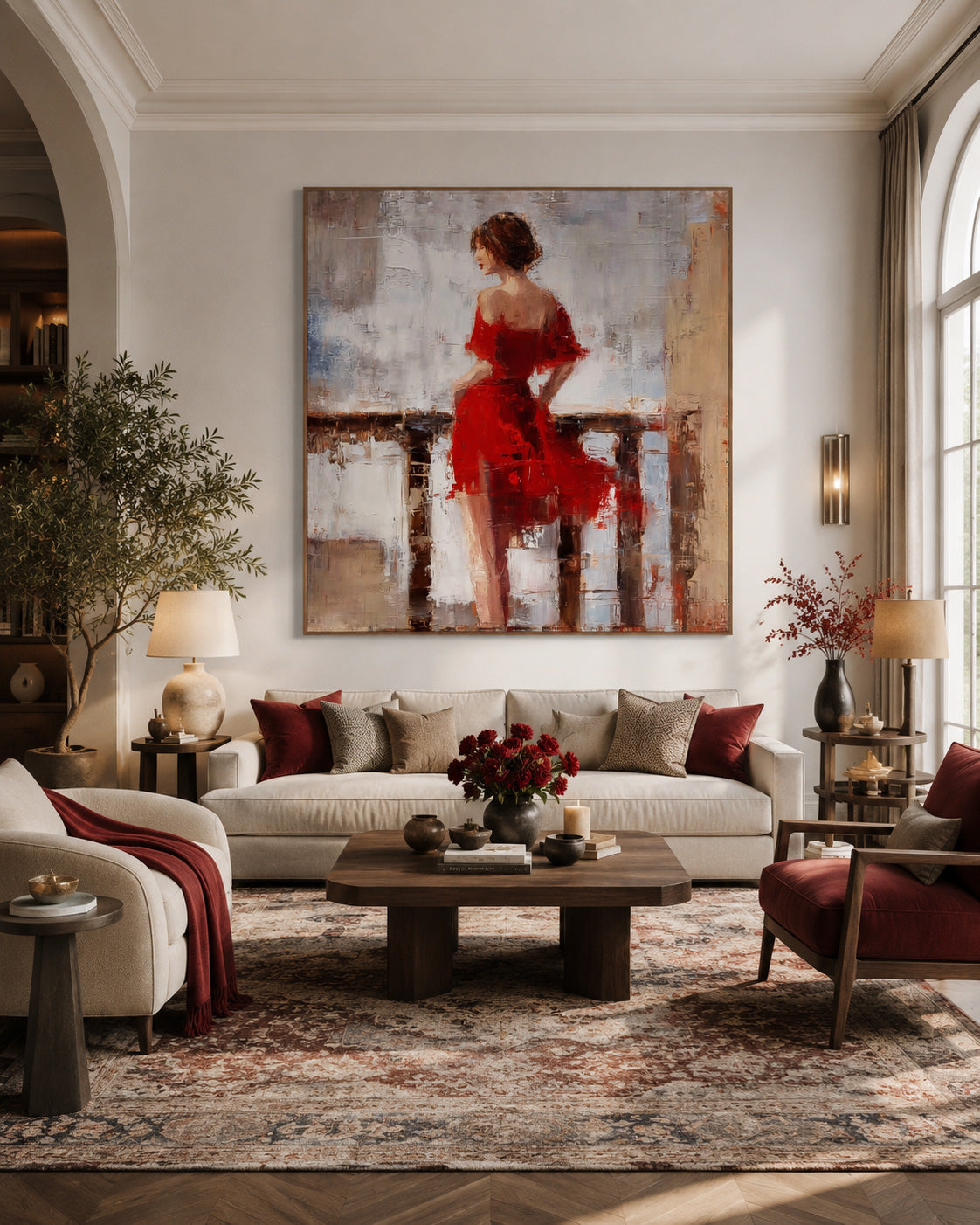 Vintage Style Red Dress Woman Painting Original Square Canvas Art For Living Room Decor