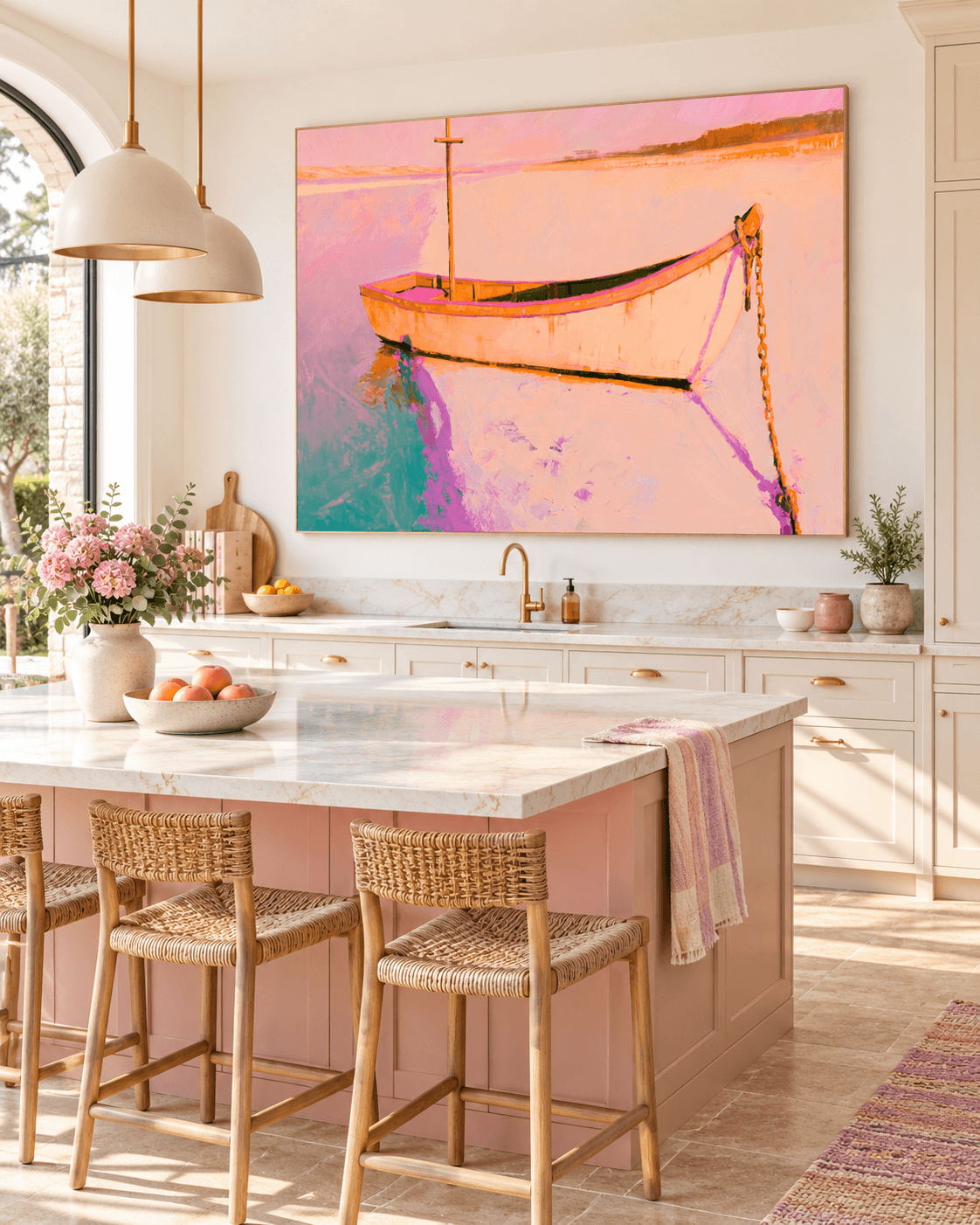 Hand-Painted Boat On Water Canvas Art With Pink Sunset