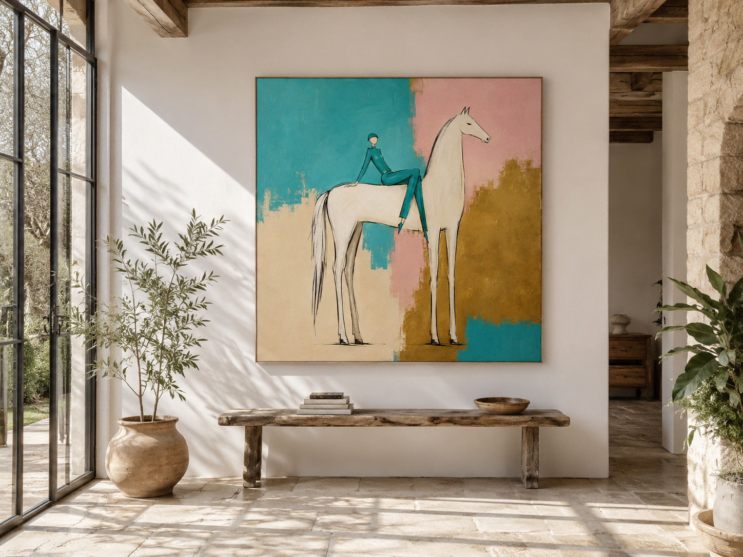 Abstract Equestrian Canvas Painting In Modern Pop Style With Vibrant Color Blocks