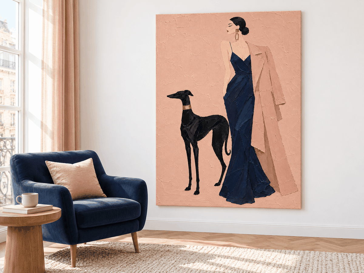 Hand-Painted Woman With Dog Canvas Art In Navy And Pink