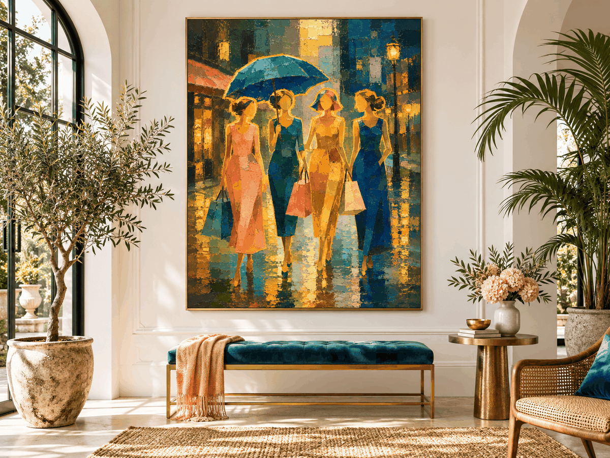 Textured Expressionist Painting Of City Life In Retro Style Hand-Painted Fashion Women With Umbrella Canvas Art