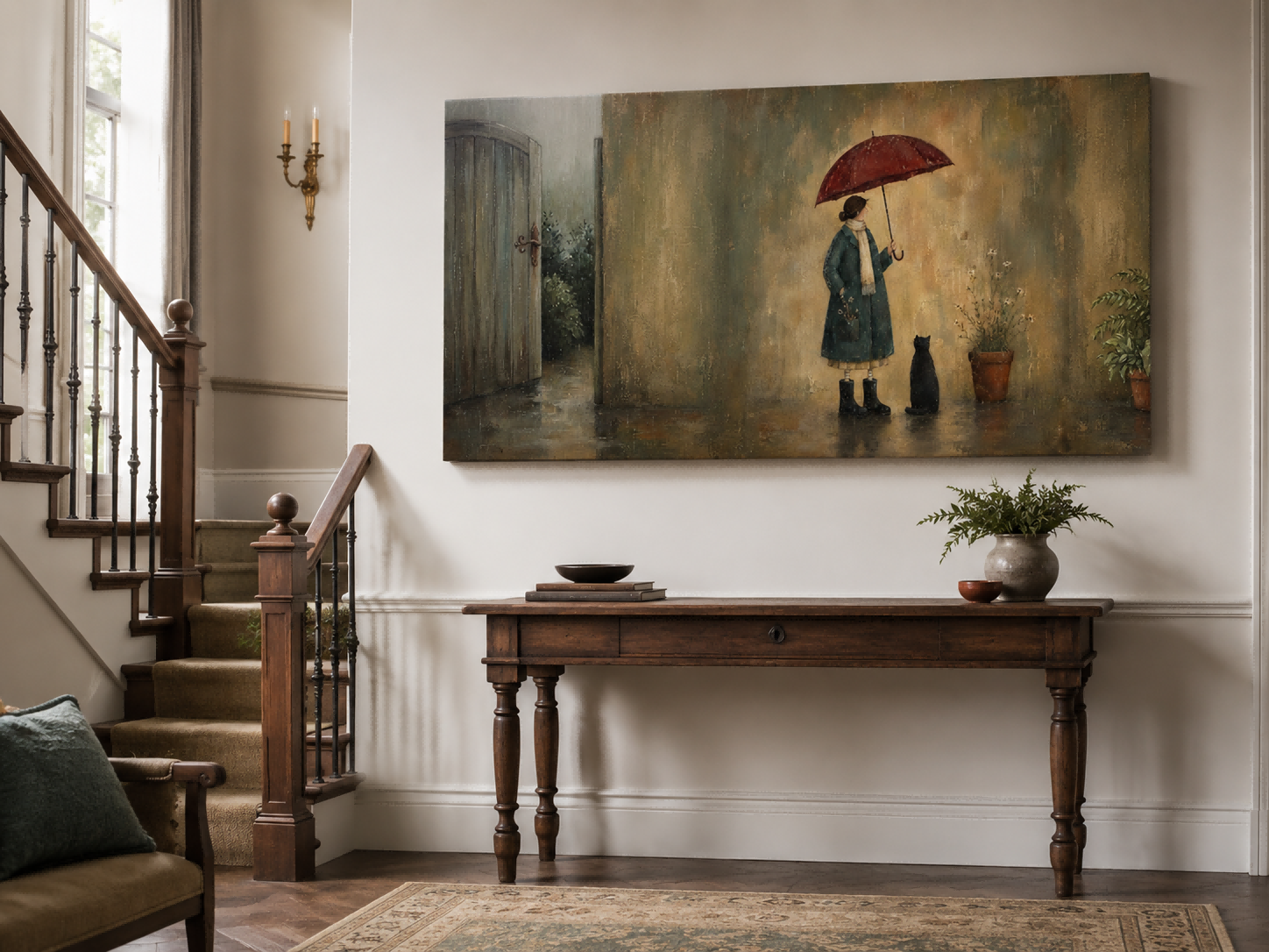 Serene Woman With Umbrella And Black Cat Horizontal Canvas Art For Quiet Spaces