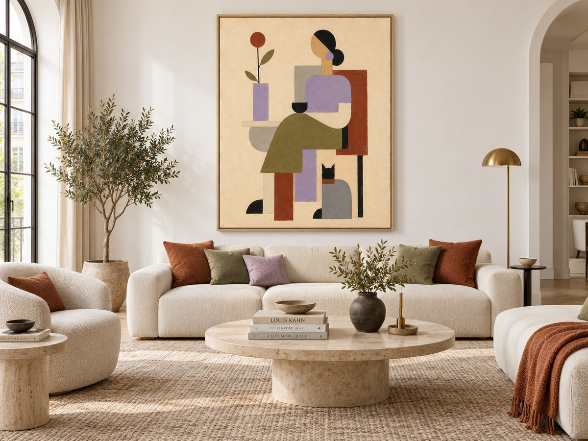 Woman And Cat Geometric Canvas Painting In Morandi Tones