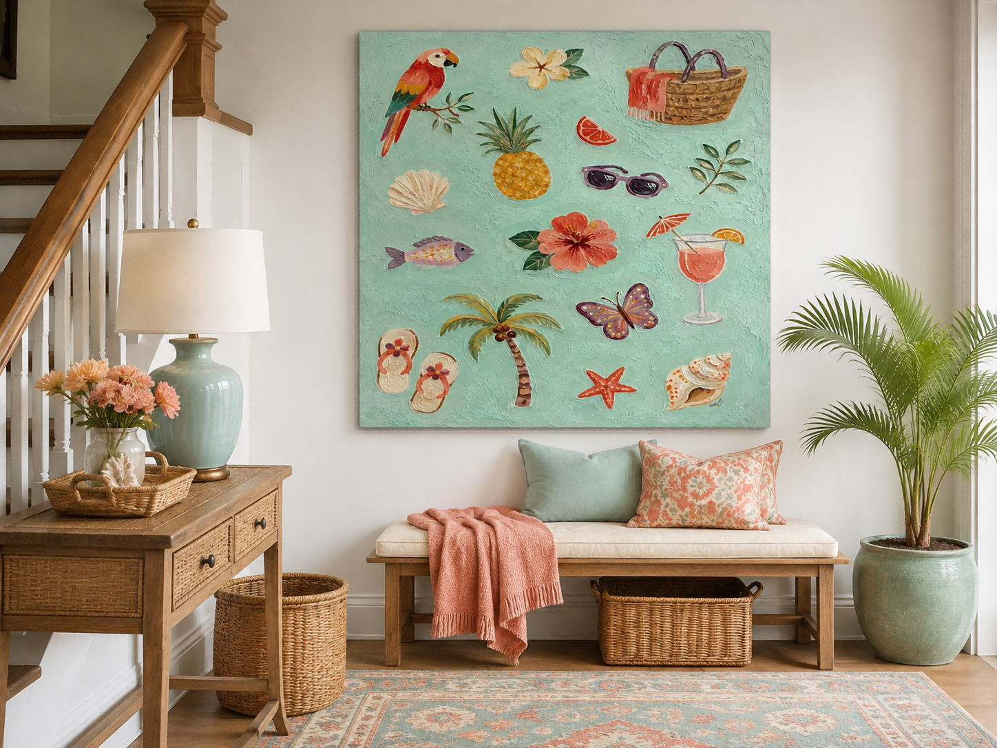 Vibrant Tropical Beach Art With Parrot And Pineapple For Boho Living Room Decor