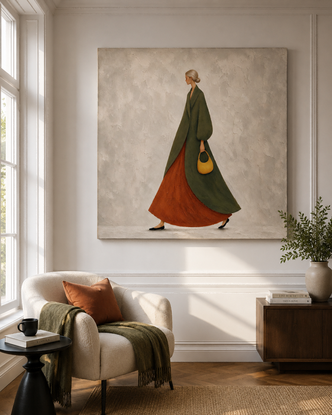 Hand-Painted Woman In Green Coat And Rust Skirt Canvas Art For Modern Home