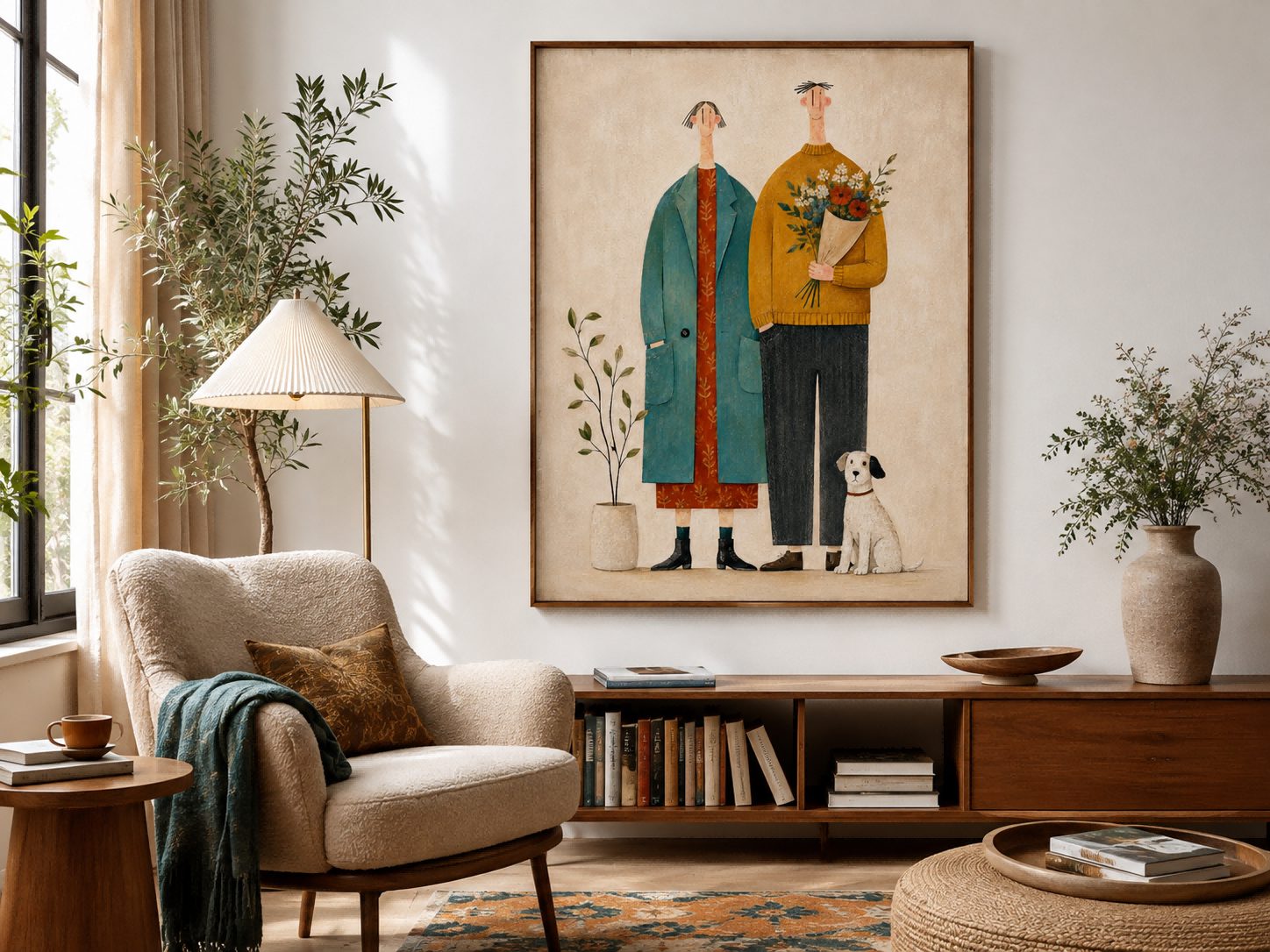 Charming Naive Art Couple Portrait With Dog For Modern Vintage Home Decor