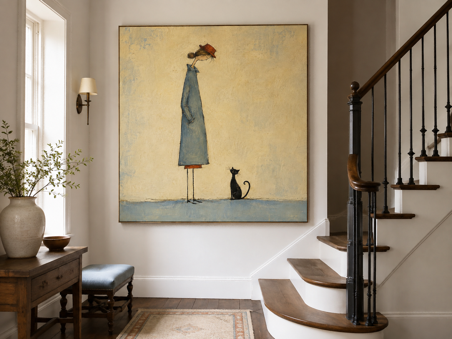 Minimalist Illustration Art Print Featuring Girl And Cat Companion