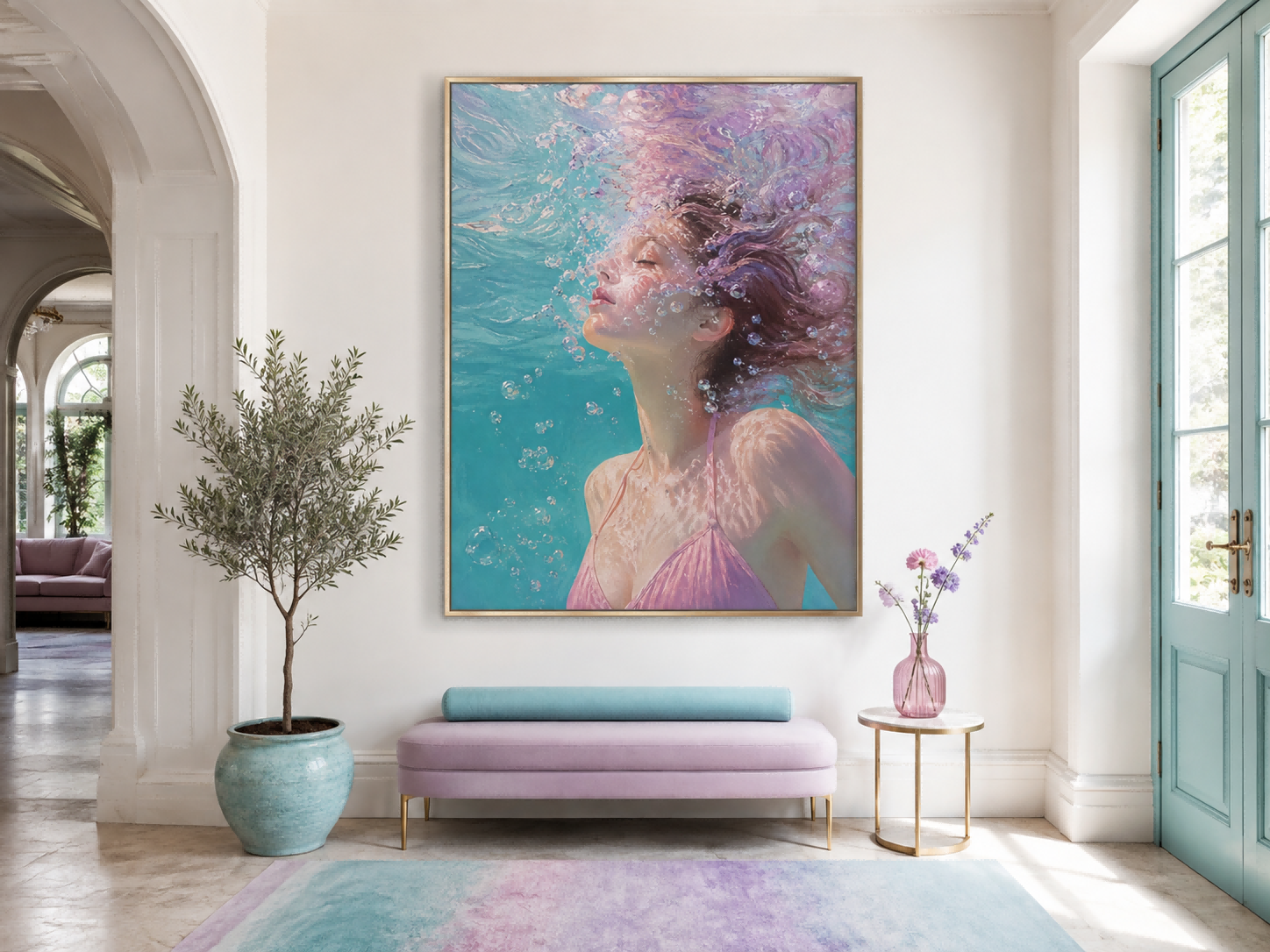 Modern Underwater Woman Painting With Bubbles And Soft Light For Home Decor