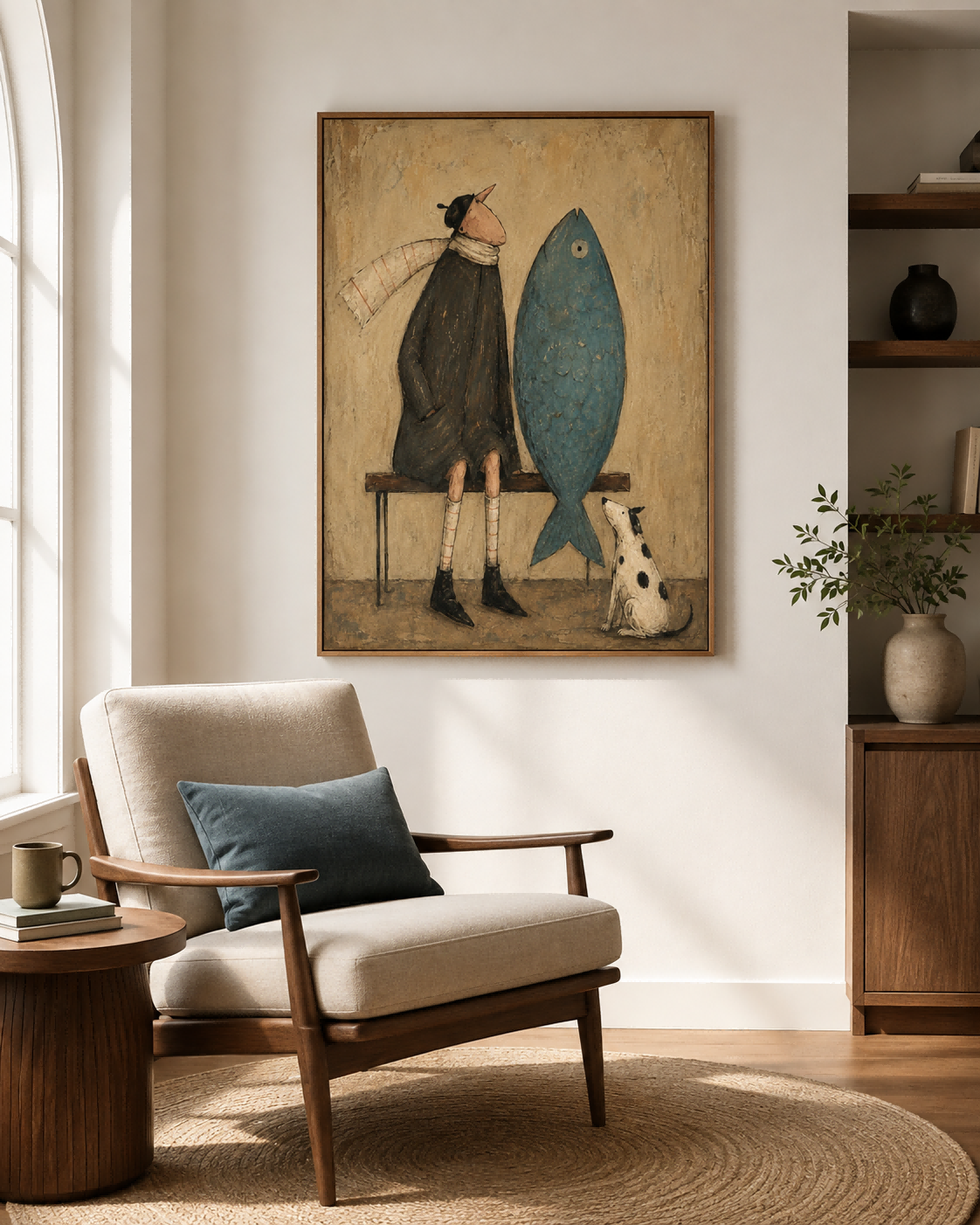 Whimsical Vintage Canvas Painting Of Man And Giant Fish Original Art