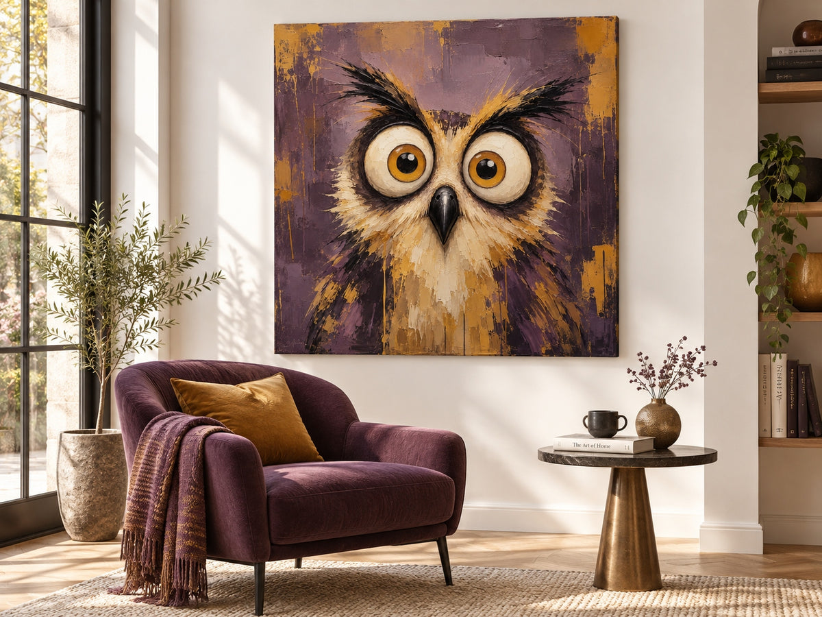 Abstract Pop Art Owl Painting With Textured Brushwork And Humorous Appeal