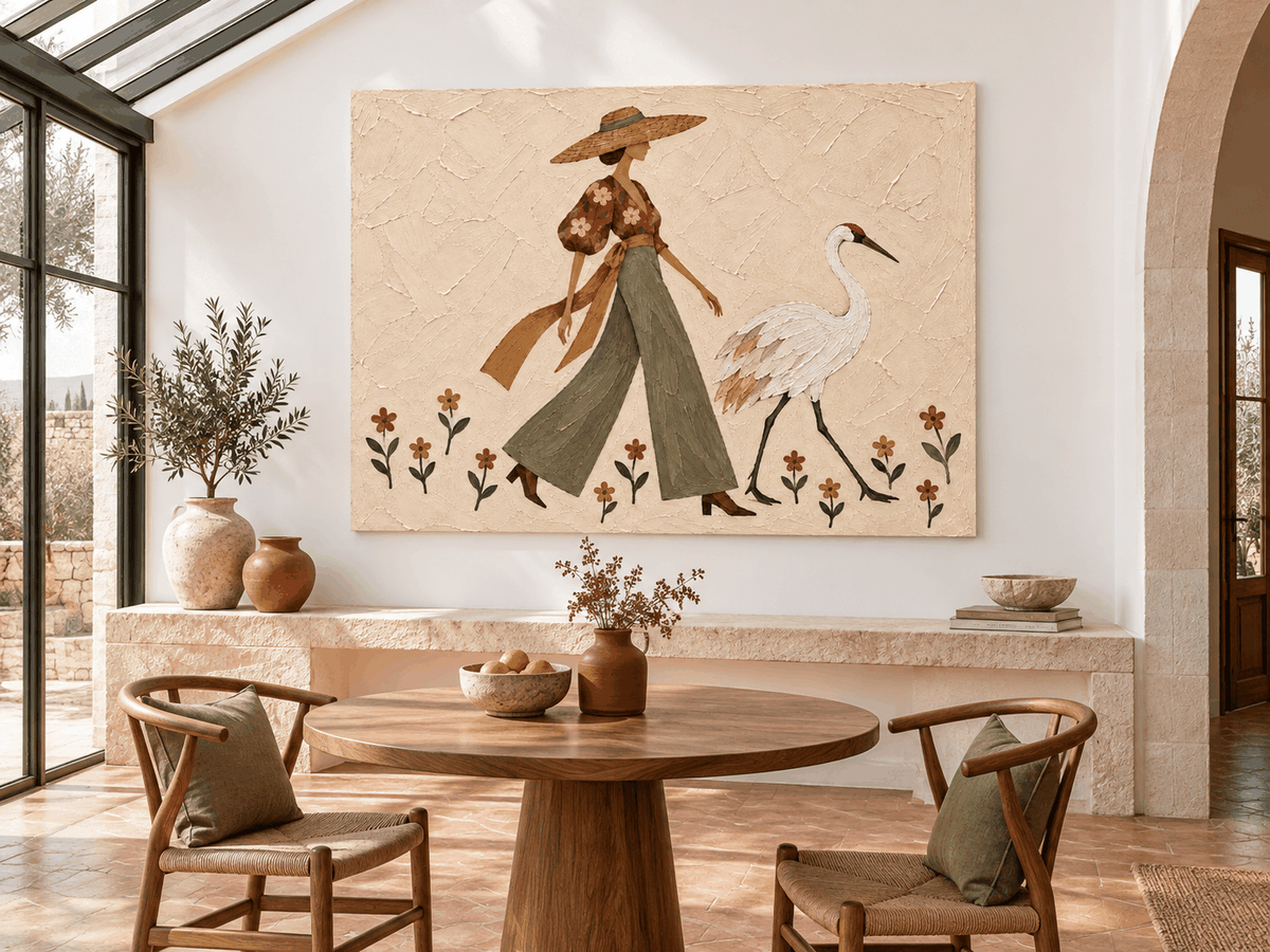 Modern Vintage Textured Canvas Painting Abstract Nature Theme Art Woman And Crane Hand-Painted Art