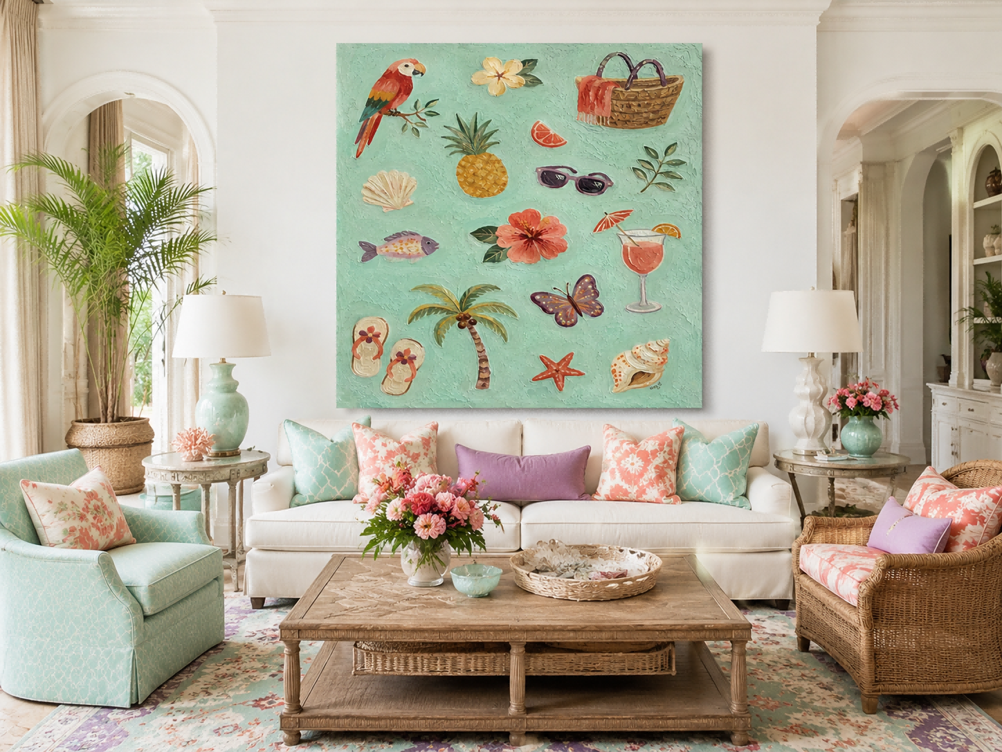 Vibrant Tropical Beach Art With Parrot And Pineapple For Boho Living Room Decor