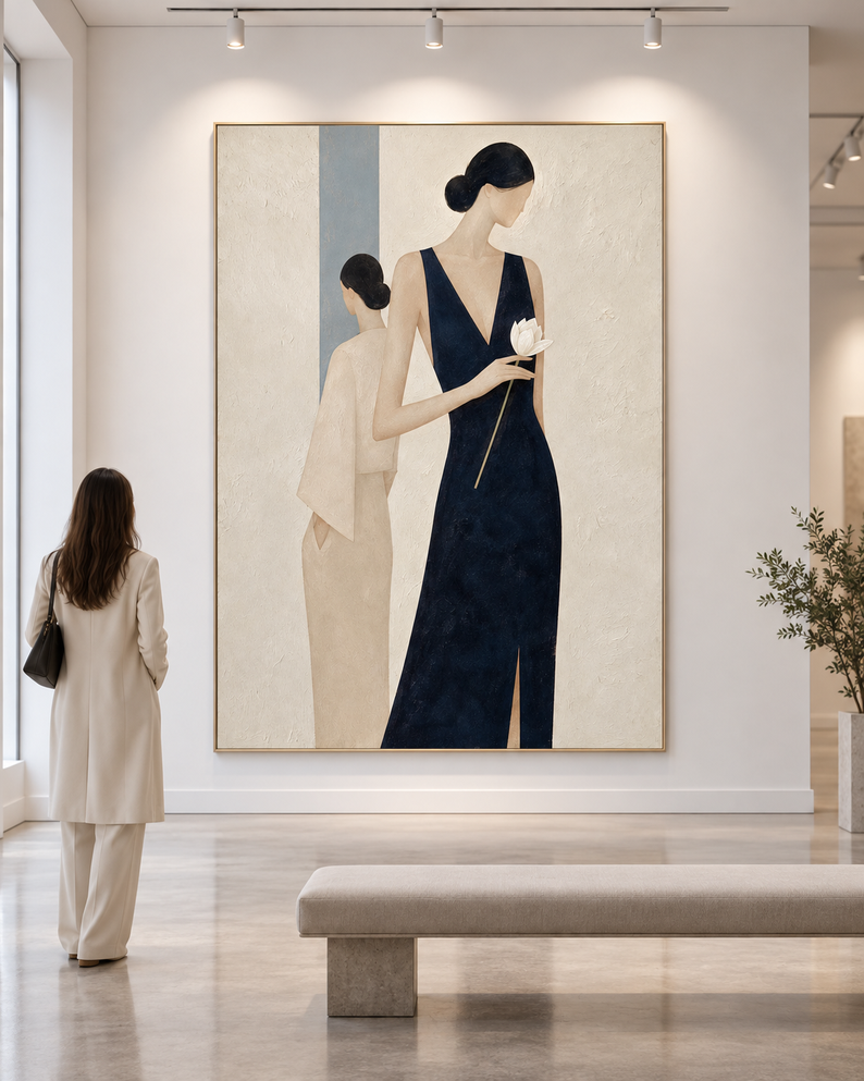 Two Women In Navy And Beige Hand-Painted Canvas Art With White Flower