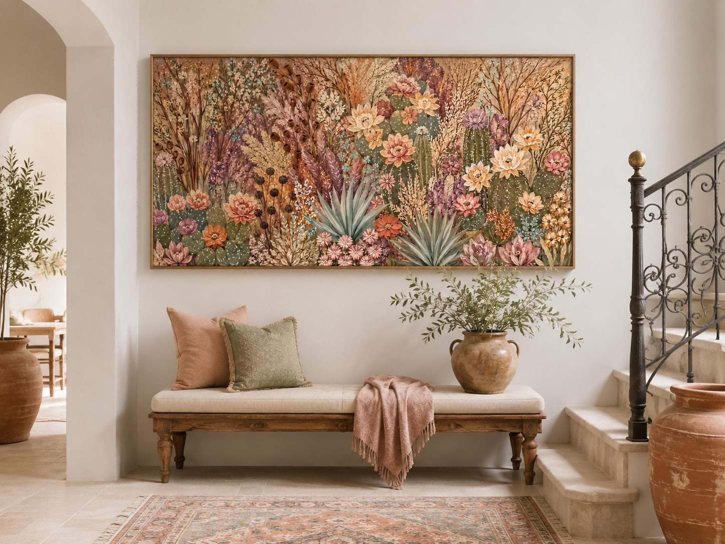 Romantic Vintage Desert Floral Art With Textured Earth Tones For Living Room Decor