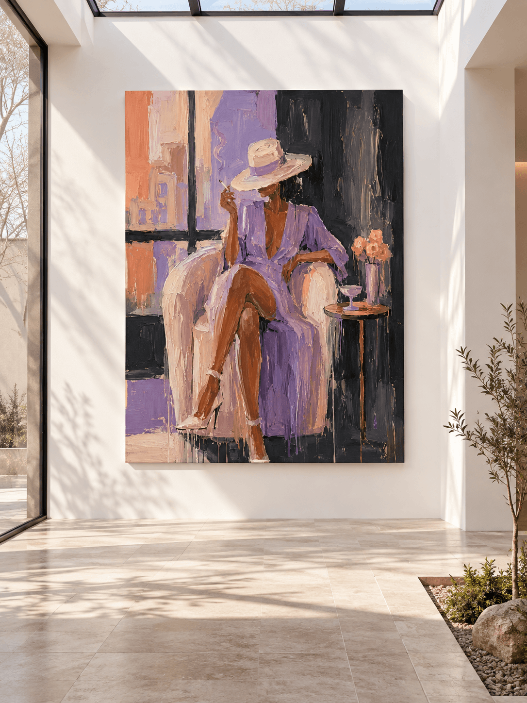 Modern Textured Art With Vintage Fashion Figure In Purple