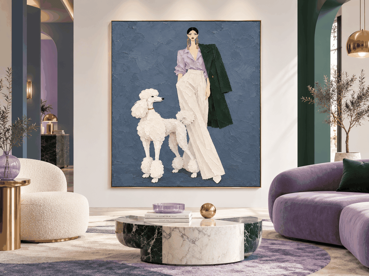 Fashion Lady With Poodle Hand-Painted Canvas Art In Purple And Blue