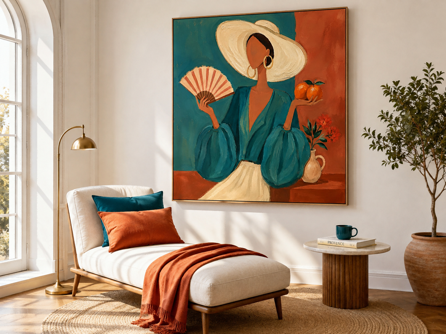 Exotic Lazy Afternoon Oil Painting Of Woman With Fan And Oranges For Lounge Wall Art