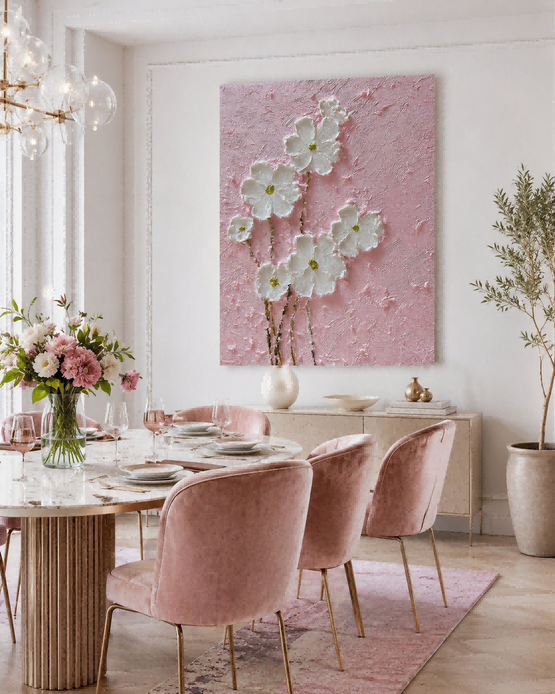 Modern Textured Art Piece With Abstract White Flowers On Pink Background