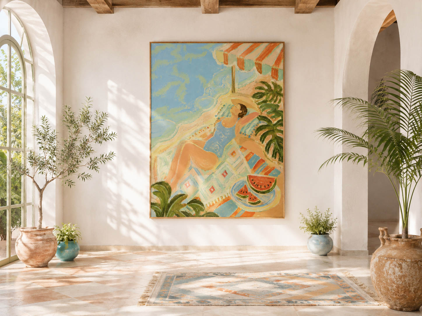 Dreamy Art Deco Style Painting With Ocean And Tropical Elements
