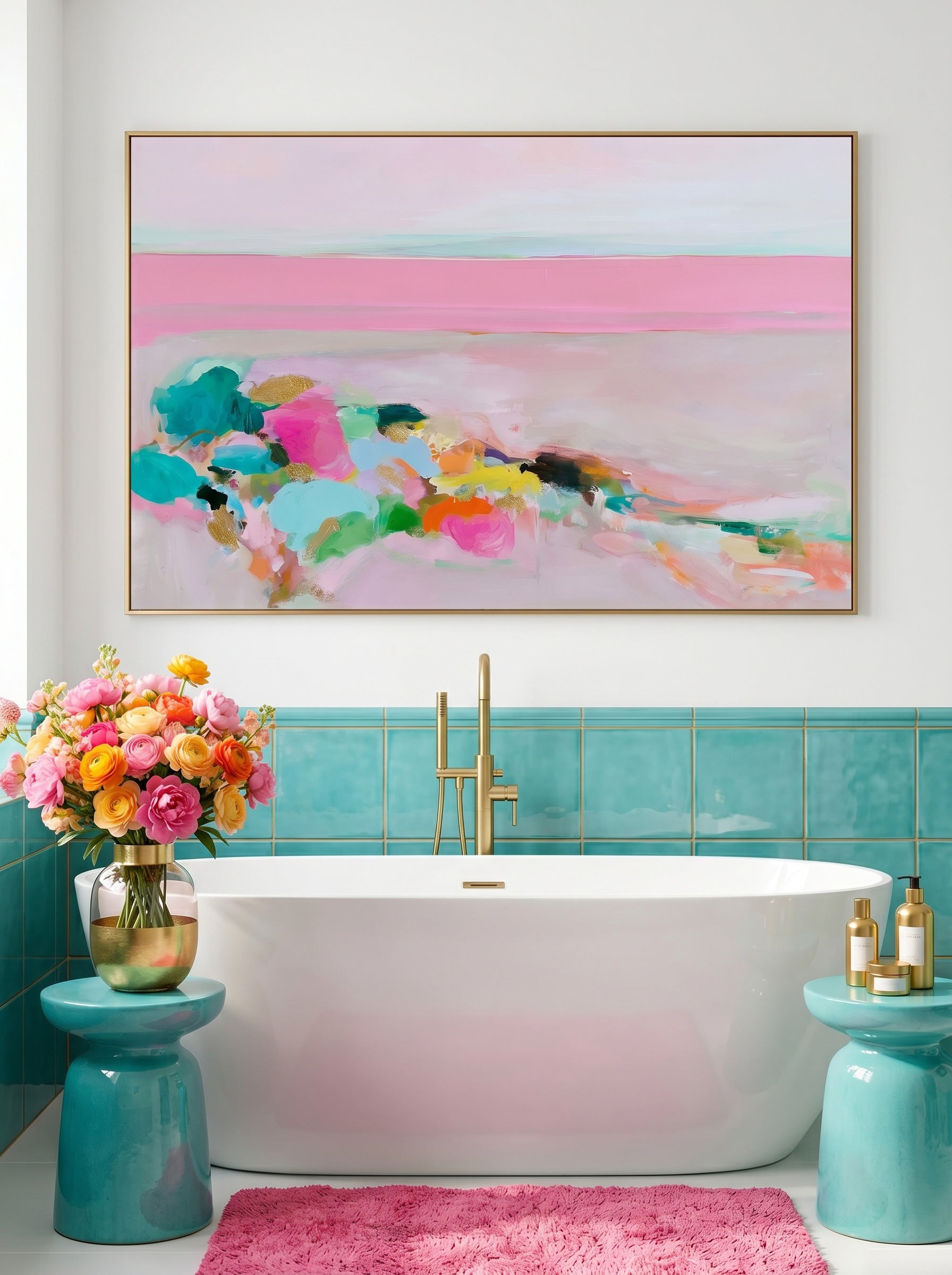 Contemporary Pink And Teal Ocean Art For Stylish Beach House Interior Design