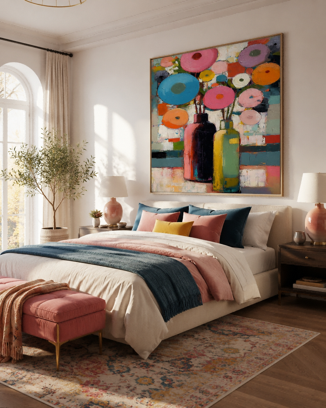 Vibrant Geometric Floral Art With Colorful Vases For Modern Living Room Wall Decor