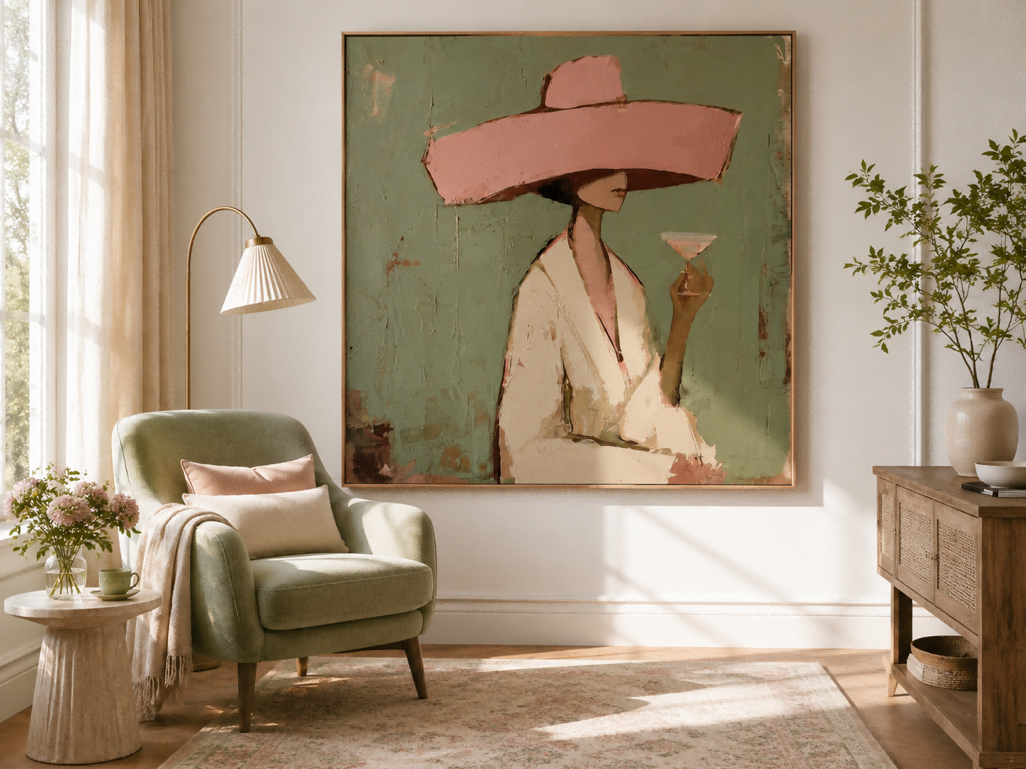 Vintage Minimalist Woman Painting With Pink Hat Green Background For Living Room Decor