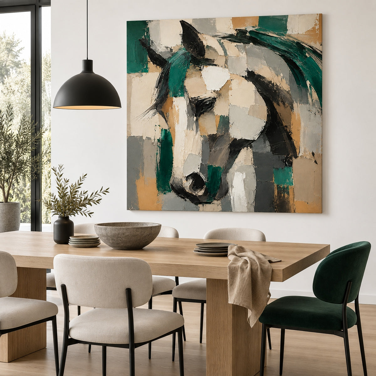 Abstract Geometric Horse Canvas Painting With Emerald Green And Beige Tones