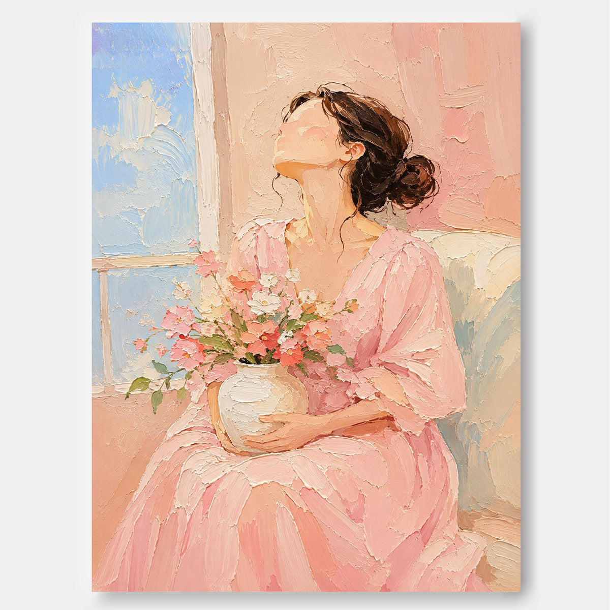 Modern Impressionist Textured Art Abstract Floral Portrait In Warm Pastels