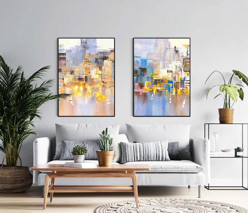Set of 2 Abstract City Oil Painting Contemporary Textured Canvas Painting  Modern Wall Art Home Decor