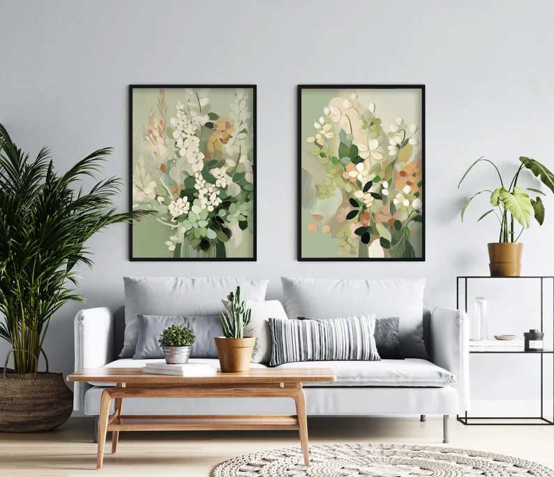 Set of 2 Green Abstract Oil Paintings Impressionism Flower Canvas Wall Art Floral Spring Artwork