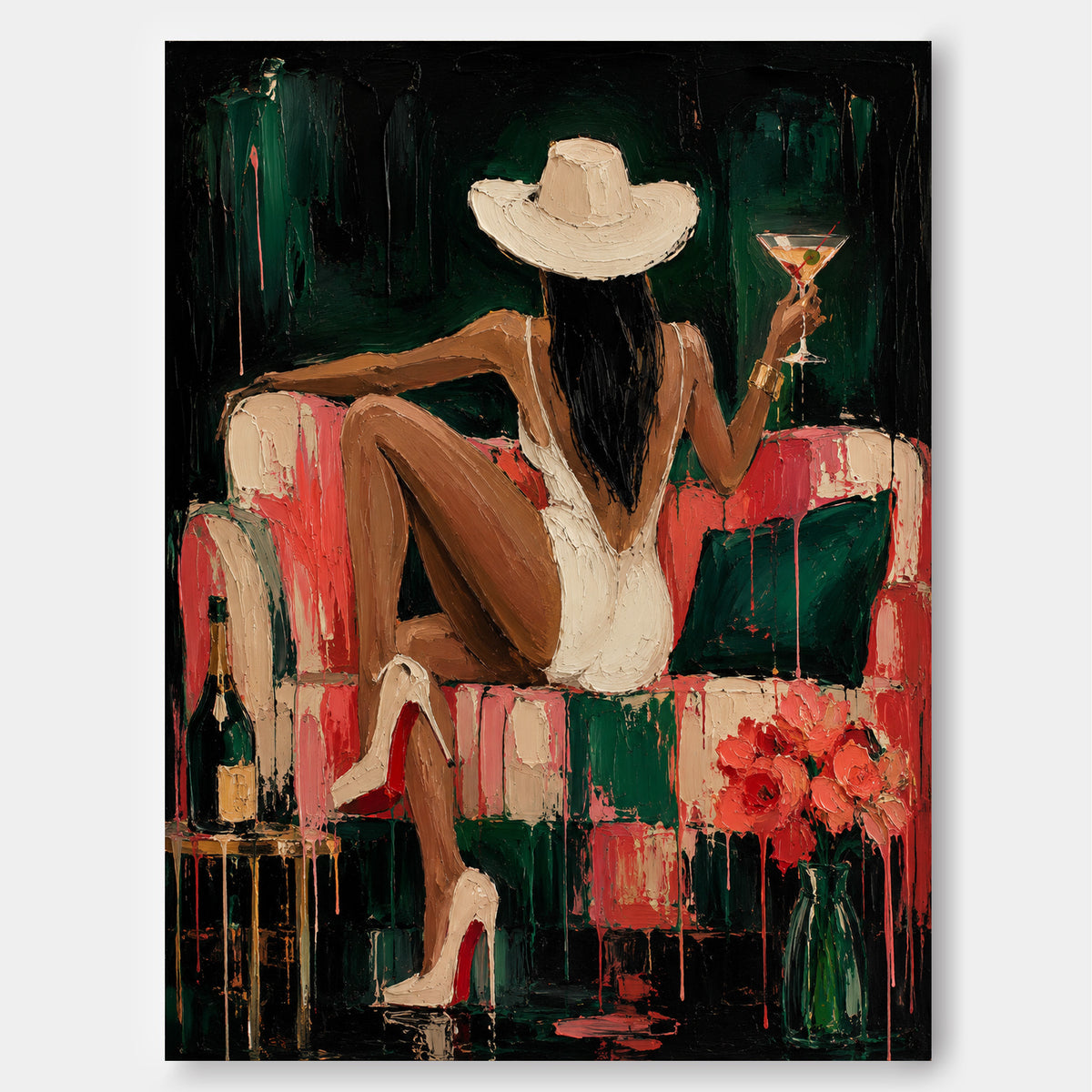 Elegant Woman In White Hat With Cocktail Modern Canvas Painting