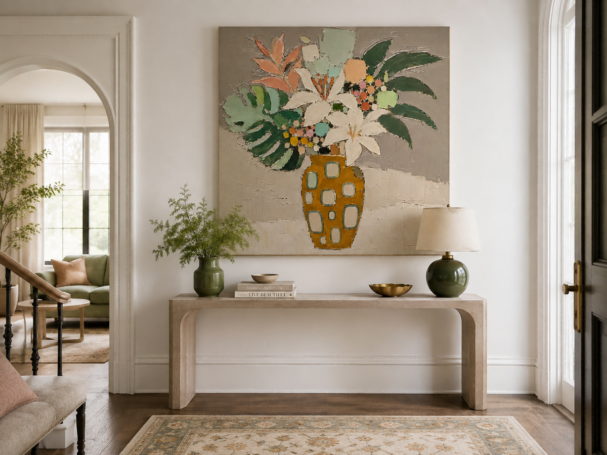 Abstract Floral Still Life With Lilies And Tropical Leaves Hand-Painted Canvas Art