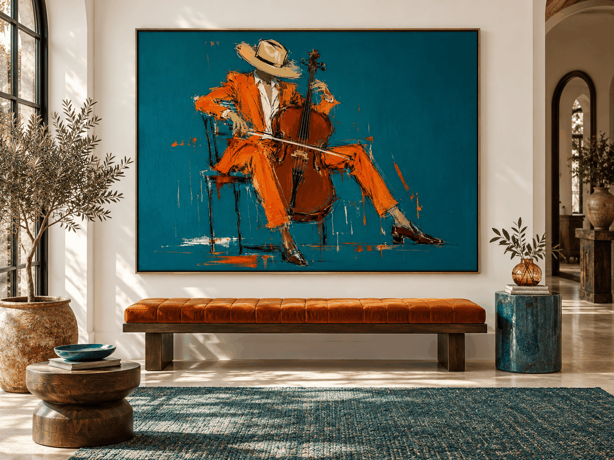 Hand-Painted Cellist In Orange Suit Modern Canvas Wall Art