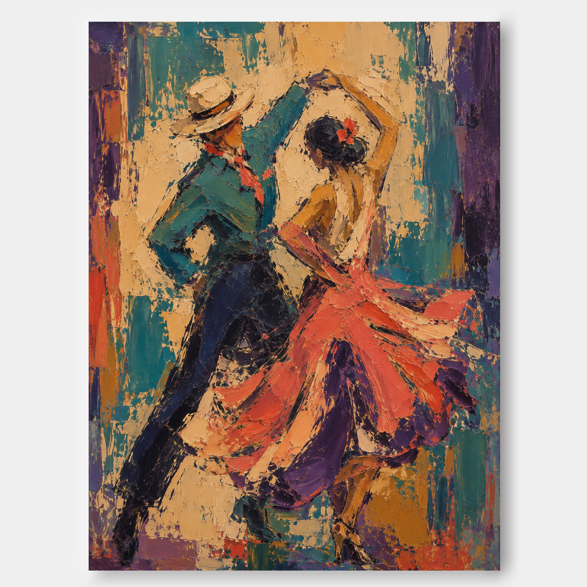 Hand-Painted Tango Dancers Canvas Art With Rich Texture And Warm Red Tones