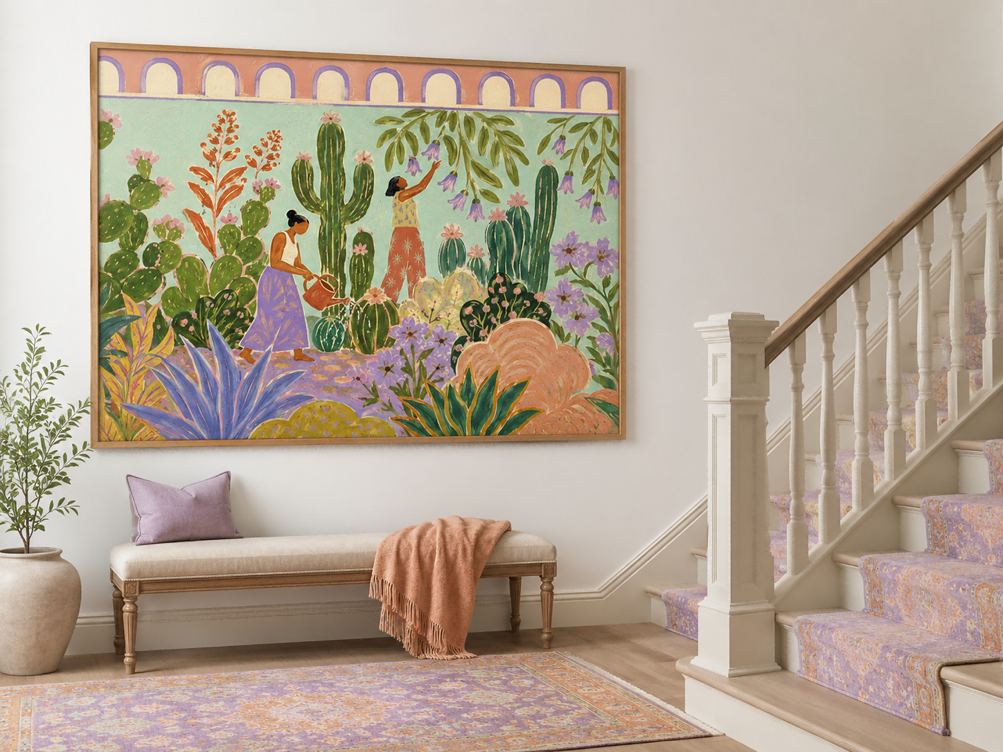 Fantasy Garden With Women Watering Cacti Hand-Painted Canvas Art Colorful Botanical Wall Art For Living Room And Sunroom Decor