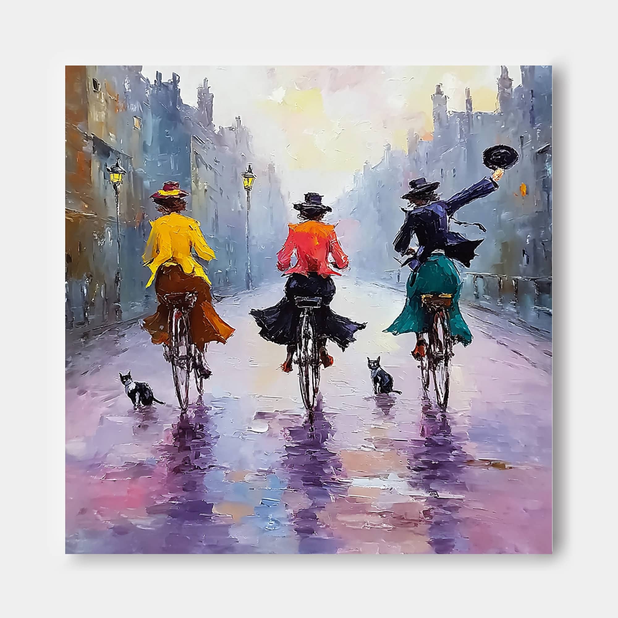 Impressionist Oil Painting Of Women Cycling In Rainy City Street With Cats